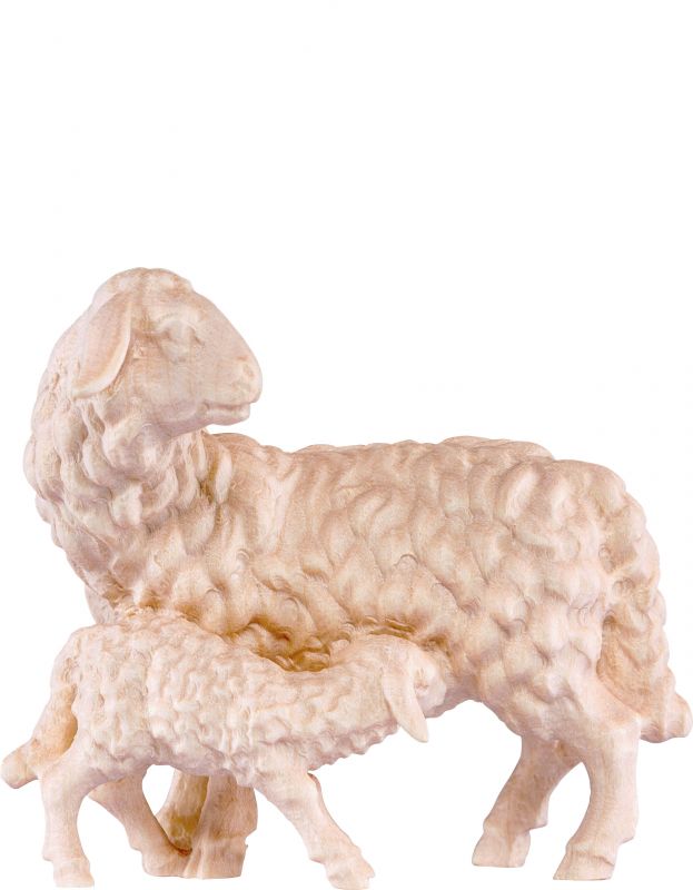 pecora con agnello h.k. - demetz - deur - statua in legno dipinta a mano. altezza pari a 18 cm.