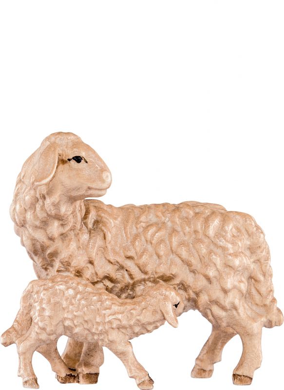 pecora con agnello h.k. - demetz - deur - statua in legno dipinta a mano. altezza pari a 18 cm.