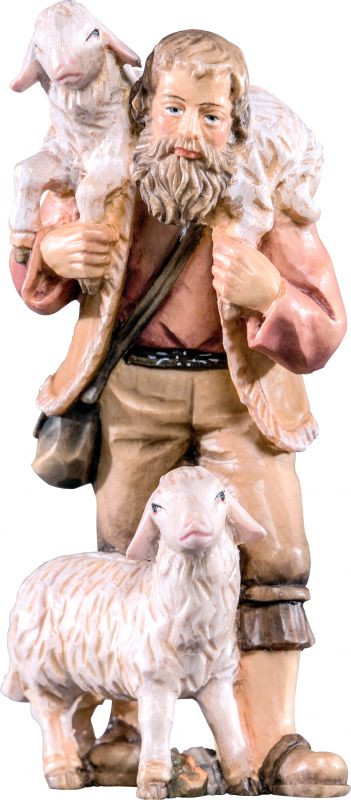 pastore con 2 pecore r.k. - demetz - deur - statua in legno dipinta a mano. altezza pari a 15 cm.