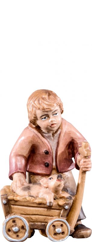 bimbo con carretto r.k. - demetz - deur - statua in legno dipinta a mano. altezza pari a 15 cm.