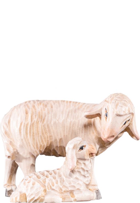 pecora con agnello r.k. - demetz - deur - statua in legno dipinta a mano. altezza pari a 15 cm.
