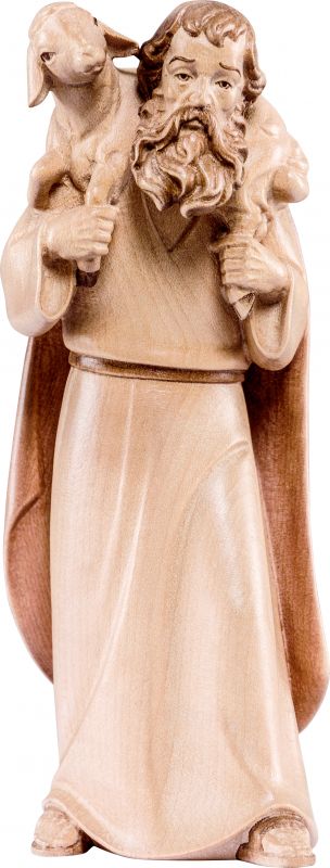 pastore con pecora in spalla artis - demetz - deur - statua in legno dipinta a mano. altezza pari a 10 cm.