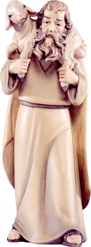pastore con pecora in spalla artis - demetz - deur - statua in legno dipinta a mano. altezza pari a 15 cm.