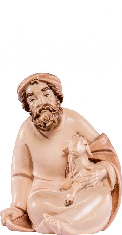 pastore seduto con agnello artis - demetz - deur - statua in legno dipinta a mano. altezza pari a 12 cm.