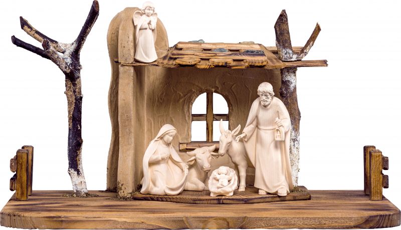 set presepe completo da 8 pezzi (capanna e statuine), presepio artis da 12 cm, legno naturale - demetz deur