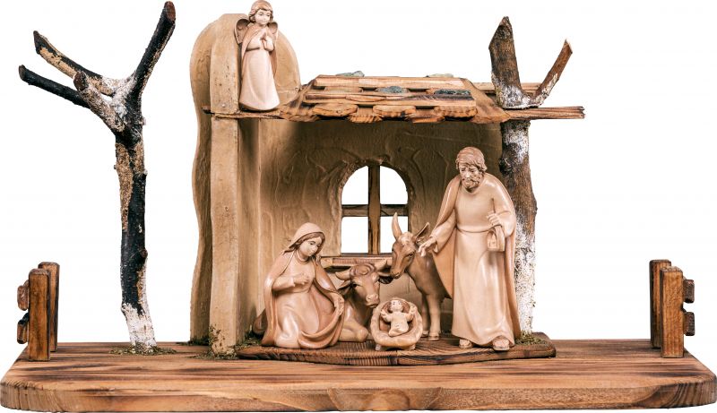 set presepe completo da 8 pezzi (capanna e statuine), presepio artis da 20 cm, legno in 3 toni di marrone - demetz deur