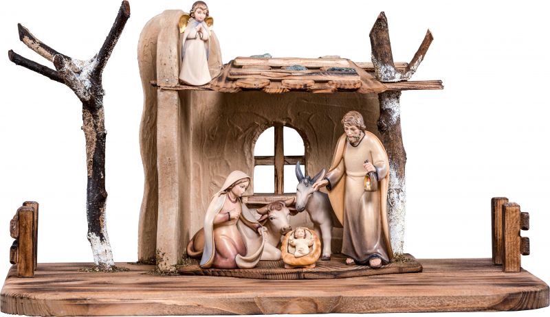 set presepe completo da 8 pezzi (capanna e statuine), presepio artis da 10 cm in legno dipinto con colori a olio - demetz deur