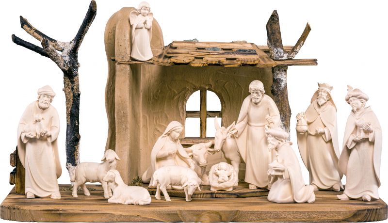 set presepe completo da 15 pezzi (capanna e statuine), presepio artis da 15 cm, legno naturale - demetz deur