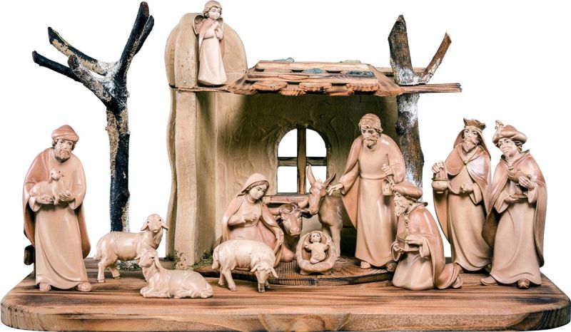 presepe completo in legno val gardena artis 15 pezzi - demetz - deur - statua in legno dipinta a mano. altezza pari a 10 cm.