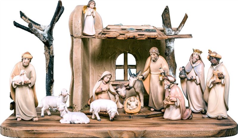presepe completo in legno val gardena artis 15 pezzi - demetz - deur - statua in legno dipinta a mano. altezza pari a 10 cm.
