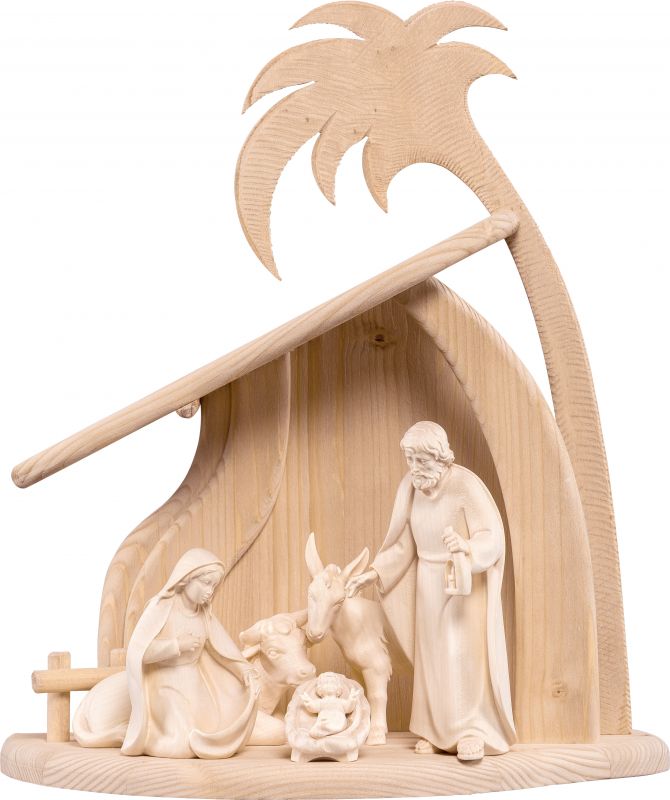 set presepe completo da 7 pezzi (capanna e statuine), presepio artis da 12 cm, legno naturale - demetz deur