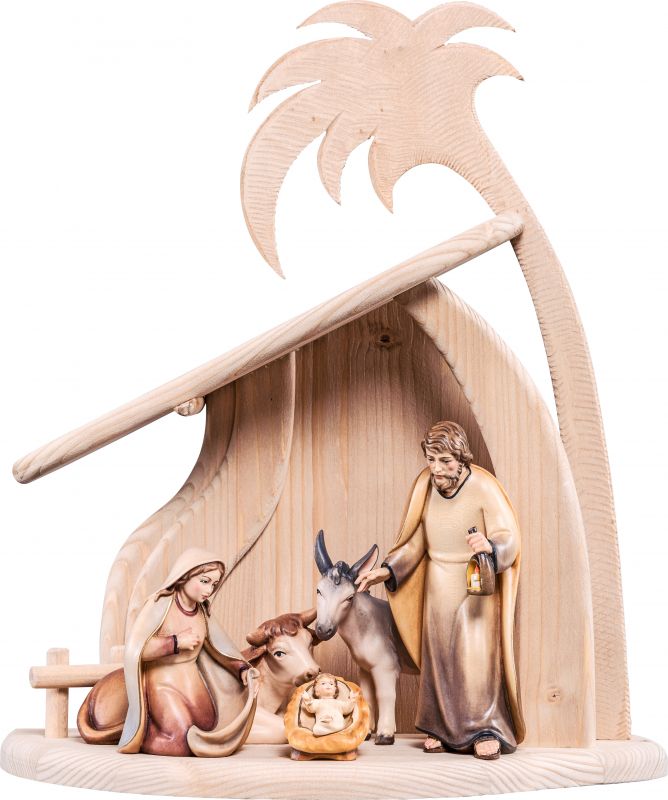 set presepe completo da 7 pezzi (capanna e statuine), presepio artis da 12 cm in legno dipinto con colori a olio - demetz deur