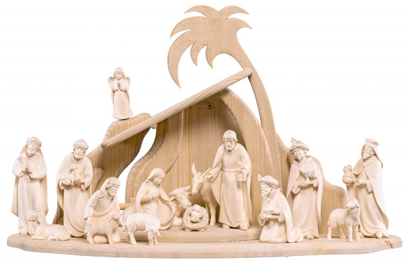 set presepe completo da 17 pezzi (capanna e statuine), presepio artis da 20 cm, legno naturale - demetz deur