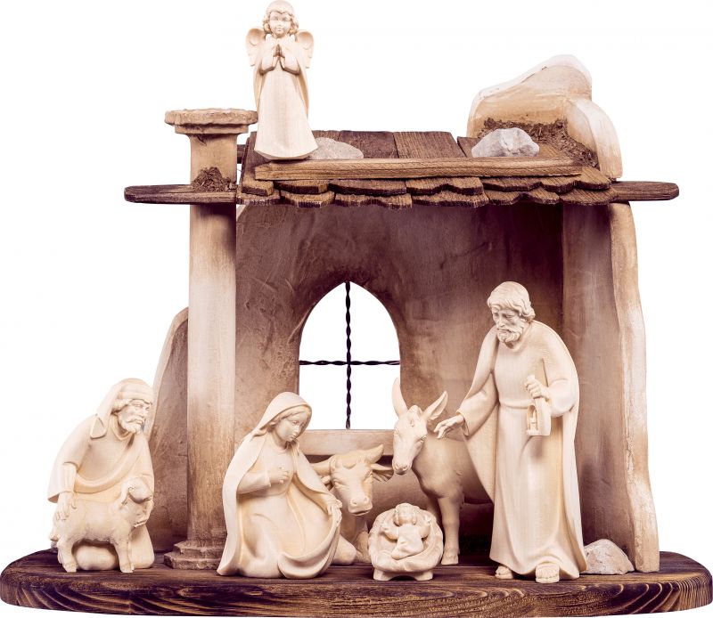 set presepe completo da 9 pezzi (capanna e statuine), presepio artis da 15 cm, legno naturale - demetz deur