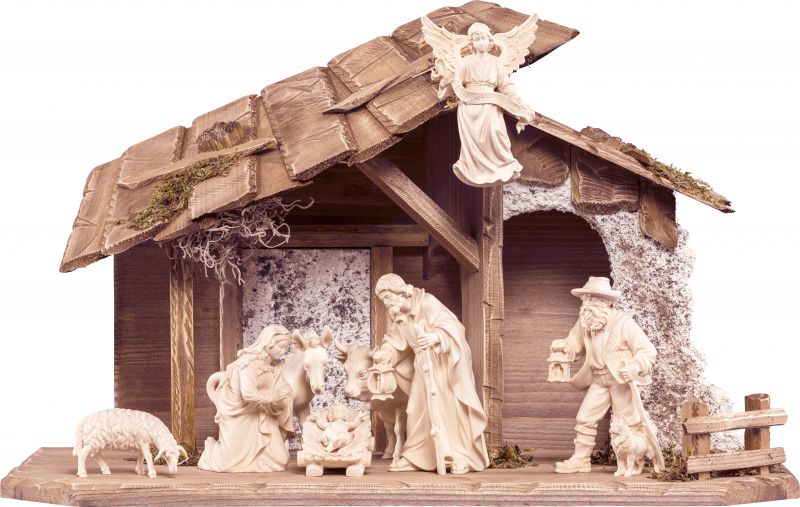 presepe completo in legno val gardena h.k. 10 pezzi - demetz - deur - presepe in legno naturale da 15 cm.	