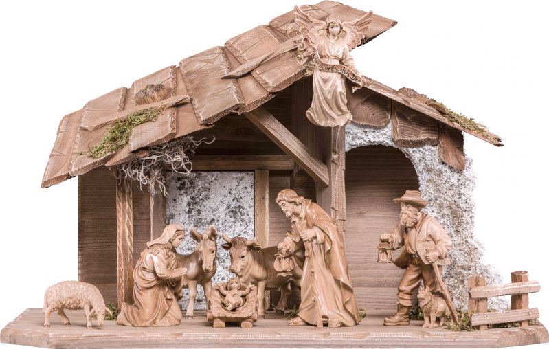 presepe completo in legno val gardena h.k. 10 pezzi - demetz - deur - presepe in legno brunito a 3 colori da 9 cm.	