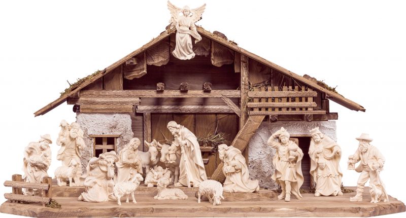 presepe completo in legno val gardena h.k. 18 pezzi - demetz - deur - presepe in legno naturale da 15 cm.