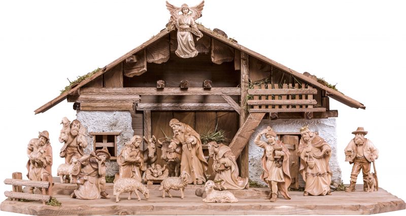 presepe completo in legno val gardena h.k. 18 pezzi - demetz - deur - presepe in legno brunito a 3 colori da 15 cm.	