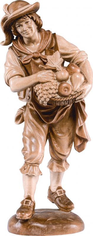 ragazzo con frutta - demetz - deur - statua in legno dipinta a mano. altezza pari a 10 cm.