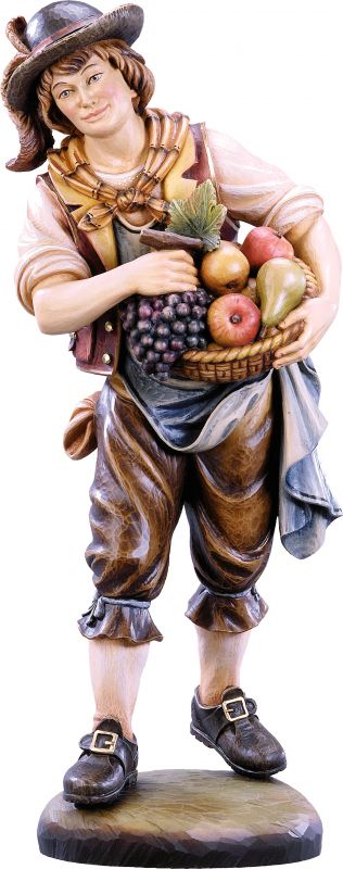 ragazzo con frutta - demetz - deur - statua in legno dipinta a mano. altezza pari a 15 cm.