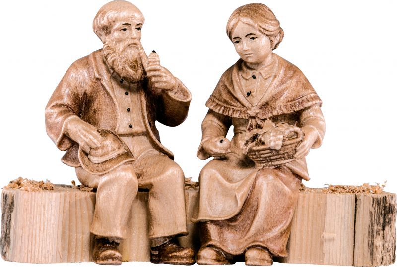 coppia di nonni sul tronco per - demetz - deur - statua in legno dipinta a mano. altezza pari a 11 cm.