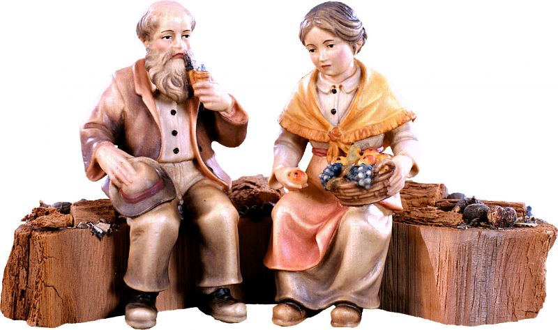 coppia di nonni sul tronco per - demetz - deur - statua in legno dipinta a mano. altezza pari a 11 cm.