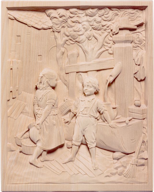 ragazzi alla fontana - demetz - deur - statua in legno dipinta a mano. altezza pari a 30 cm.
