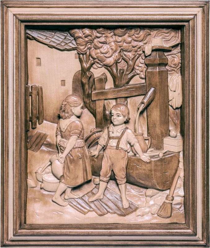 ragazzi alla fontana con cornice - demetz - deur - statua in legno dipinta a mano. altezza pari a 38 cm.