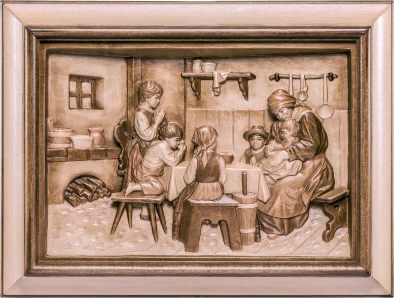 la preghiera con cornice - demetz - deur - statua in legno dipinta a mano. altezza pari a 40 cm.