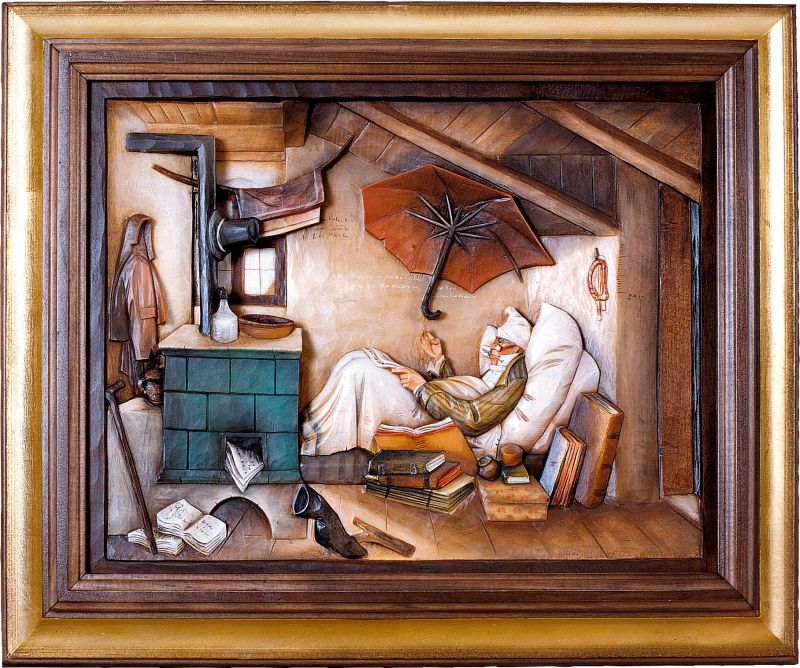 il povero poeta con cornice - demetz - deur - statua in legno dipinta a mano. altezza pari a 60 cm.
