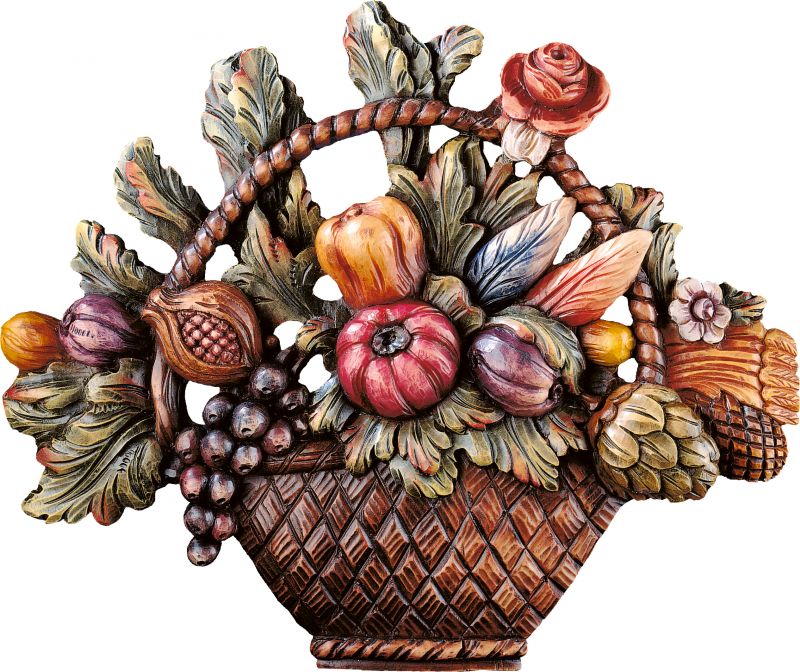 cesto di frutta autunno - demetz - deur - statua in legno dipinta a mano. altezza pari a 40 cm.