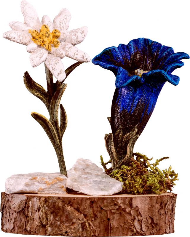 fiori su base - demetz - deur - statua in legno dipinta a mano. altezza pari a 9 cm.
