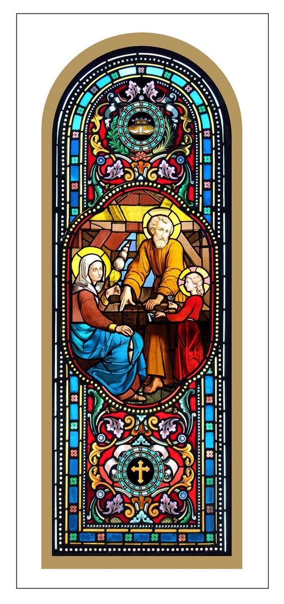 stock: tavola santa famiglia stampa tipo vetrata su legno - 10 x 27 cm