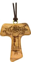 COLLANINA CON CIONDOLO TAU, CROCE TAU CON SAN FRANCESCO D'ASSISI INCISO, LEGNO D'ULIVO E CORDONCINO, 4 CM