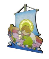 STOCK: BOMBONIERA COMUNIONE: BARCHETTA GESù BAMBINO CON CALICE IN LEGNO
