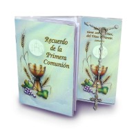 BOMBONIERA COMUNIONE: LIBRETTO RICORDO DELLA PRIMA COMUNIONE CON ROSARIO, TESTI IN SPAGNOLO