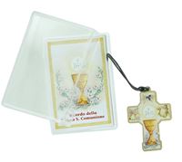 BOMBONIERA COMUNIONE BAMBINO/BAMBINA: CROCE IN LEGNO CON SCATOLA IN ITALIANO - 3,5 CM