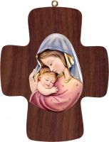 CROCE CON MADONNA ROSSO-AZZURRO - DEMETZ - DEUR - STATUA IN LEGNO DIPINTA A MANO. ALTEZZA PARI A 16 CM.